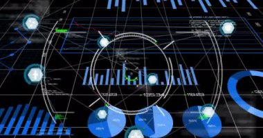 Siyah arkaplana karşı veri işleme arayüzü üzerinden tarama alanının animasyonu. Bilgisayar arayüzü ve iş teknolojisi kavramı