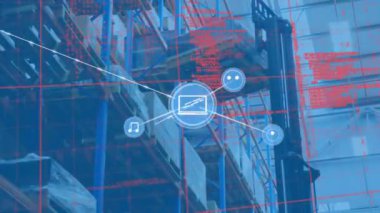 Deponun üzerindeki ikonlarla veri işleme ve bağlantı ağının animasyonu. Küresel gönderme, ağlar, hesaplama, bağlantılar ve veri işleme kavramı dijital olarak oluşturuldu.