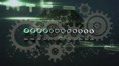 Veriler, dişliler ve dünya üzerindeki finansal grafiklerin animasyonu. Veri işleme, iletişim ve teknoloji konsepti dijital olarak oluşturulmuş video.