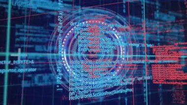 Kapsam taraması ve şebeke üzerinde veri işleme animasyonu. Küresel iş, finans, hesaplama, bağlantılar ve veri işleme kavramı dijital olarak oluşturulmuş video.