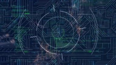 Mikro işlemci bağlantıları üzerinden bağlantı ağına karşı mikroskop taraması animasyonu. Bilgisayar arayüzü ve küresel ağ teknolojisi kavramı