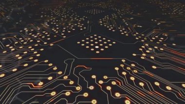 Animation of chemical formula over computer circuit board on black background. Global technology, computing and digital interface concept digitally generated video.