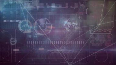Animation of data processing and network of connections over globe on black background. Global technology, computing and digital interface concept digitally generated video.