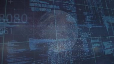 DNA ipliği üzerinde veri işleme ve küre animasyonu. Küresel iş ve dijital arayüz kavramı dijital olarak oluşturulmuş video.