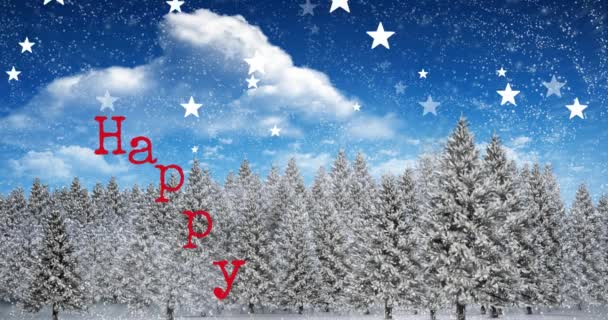 Animacja Gwiazd Spadających Szczęśliwy Świąteczny Baner Tekstowy Tle Zimowego Krajobrazu — Wideo stockowe
