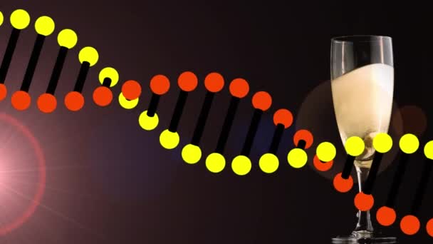 Animation Dna Strand Glass Champagne Light Trails Black Background Party — Stock Video