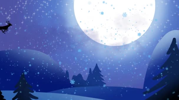 Animación Caída Nieve Santa Claus Trineo Con Renos Sobre Paisaje — Vídeo de stock