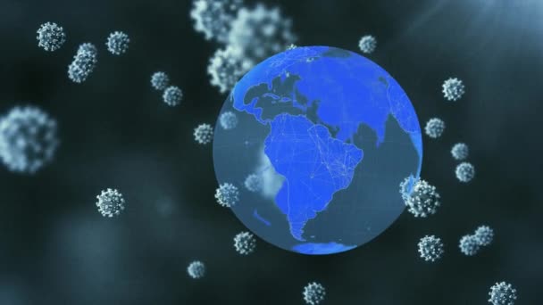 Animation Covid Cells Floating Globe Light Spot Grey Background Covid — Stock Video
