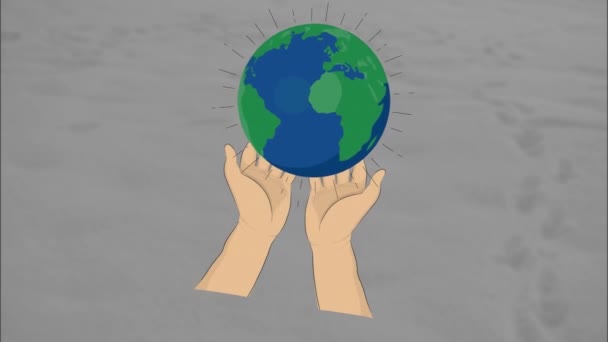 Animering Händer Med Jordklotet Över Snö Globalt Affärs Och Digitalt — Stockvideo