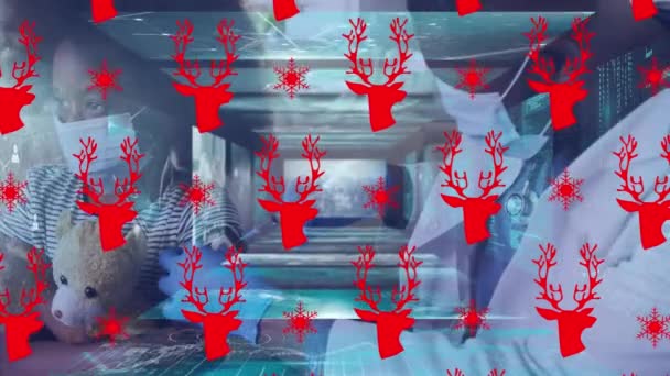 Animation Reindeer Heads Data Processing African American Doctor Patient Global — Stock Video