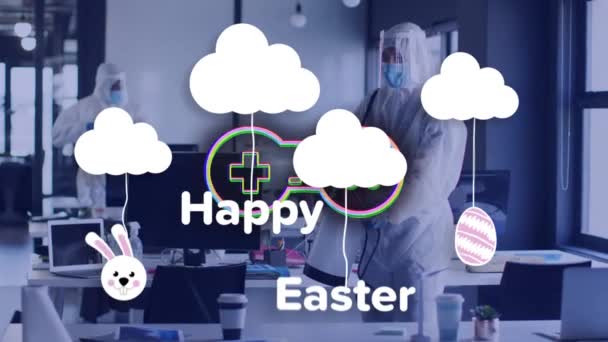 Анімація Хмар Ігровий Майданчик Щасливе Великдень Над Людиною Санітарно Гігієнічний — стокове відео