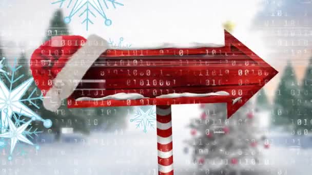 雪が降っている上にデータ処理と矢印のアニメーション クリスマス お祝いとデジタルインターフェイスの概念デジタル生成ビデオ — ストック動画