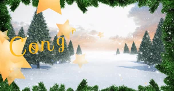 Animação Estrelas Douradas Parabéns Banner Texto Contra Paisagem Inverno Festa — Vídeo de Stock