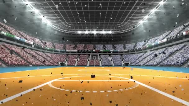 Basketbol Sahasındaki Stadyumun Üzerine Düşen Konfeti Animasyonu Spor Şampiyonluk Yarışma — Stok video