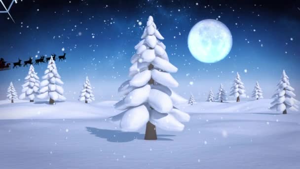 Анимация Снегопада Над Санта Клаусом Санях Северными Оленями Зимним Пейзажем — стоковое видео