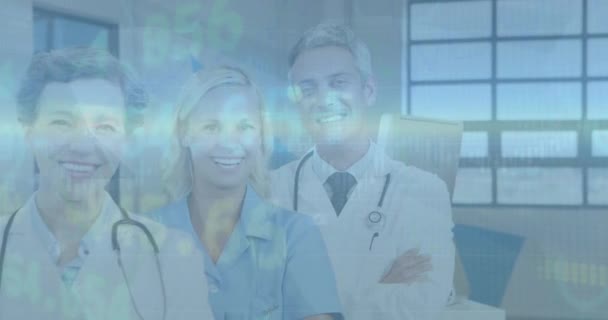 Animation Stock Market Data Processing Portrait Team Medical Workers Smiling — Stock Video
