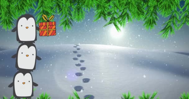 Анимация Башни Трех Пингвинов Рождественским Подарком Над Снегом Отпечатками Ног — стоковое видео