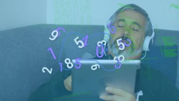 Animation Numebrs Data Processing Caucasian Man Tablet Headphones Relax Leisure — Stock Video