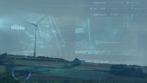 Animação Conexões Processamento Dados Sobre Turbina Eólica Sustentabilidade Global Negócios — Vídeo de Stock