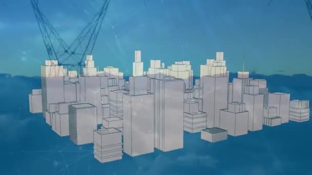 Animation Von Verbindungsnetzen Über Ein Sich Drehendes Stadtmodell Gegen Stromnetztürme — Stockvideo