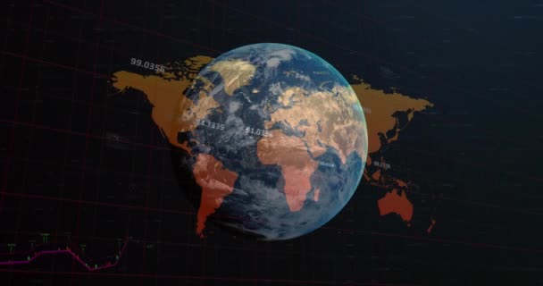 Animazione Globo Numeri Mappa Del Mondo Grafici Sfondo Nero Elaborazione — Video Stock