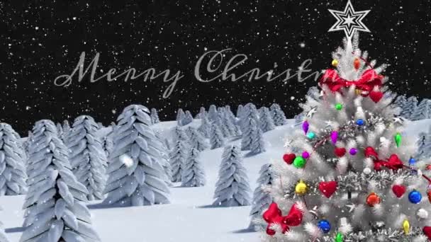Анімація Веселого Різдвяного Тексту Снігопаду Над Засніженими Деревами Горами Цифрове — стокове відео