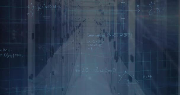 Animation Von Text Und Mikroprozessorverbindungen Über Mathematische Gleichungen Gegen Serverraum — Stockvideo