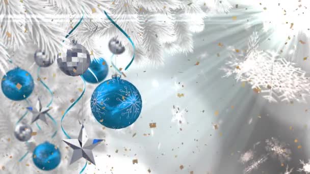 Animazione Decorazioni Fiocchi Neve Che Muovono Sopra Albero Natale Decorato — Video Stock