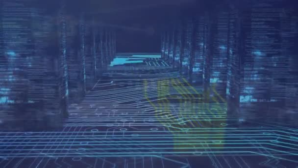 Animatie Van Microprocessorverbindingen Tegen Close Van Moederbord Tegen Blauwe Achtergrond — Stockvideo