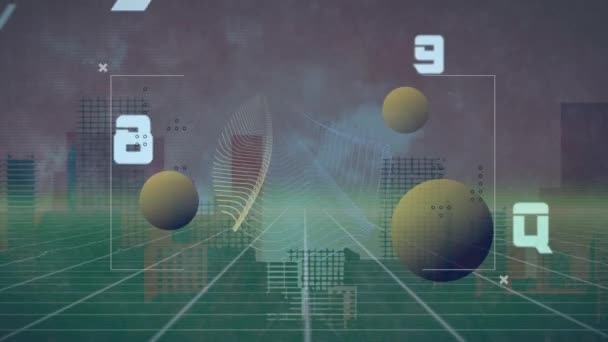 Animation Von Kugeln Und Zahlen Über Digitalem Raum Und Stadtbild — Stockvideo