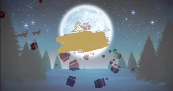 Animatie Van Geschenken Decoraties Kerstman Slee Met Rendieren Winterlandschap Kerst — Stockvideo