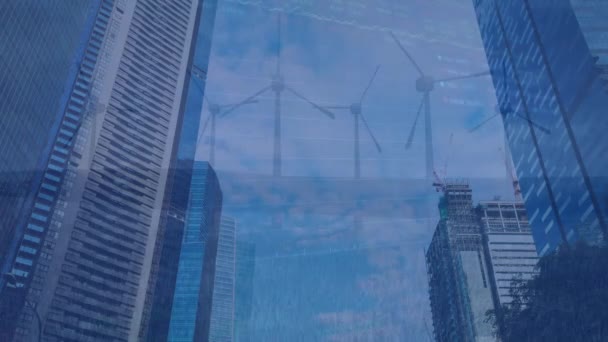 Animación Del Paisaje Urbano Sobre Turbinas Eólicas Tecnología Global Informática — Vídeo de stock