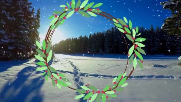 Animacja Wieńca Nad Śniegiem Spadającym Nad Zimowym Krajobrazem Zima Boże — Wideo stockowe