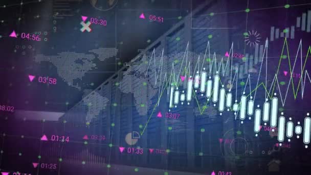 Animation Financial Data Processing World Map Számítógép Szerver Terem Ellen — Stock videók