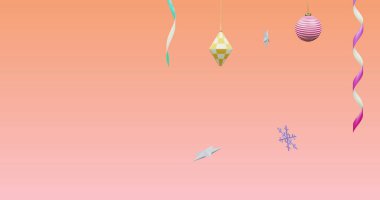 Yeni yılın resmi ve pembe arka planda noel süslemeleri. Yeni yıl arifesi, kutlama ve şenlik konsepti dijital olarak oluşturuldu.