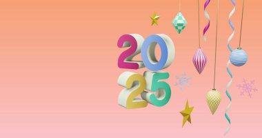 Yeni yılda 2025 numara ve pembe arka planda noel süslemeleri. Yeni yıl arifesi, kutlama ve şenlik konsepti dijital olarak oluşturuldu.