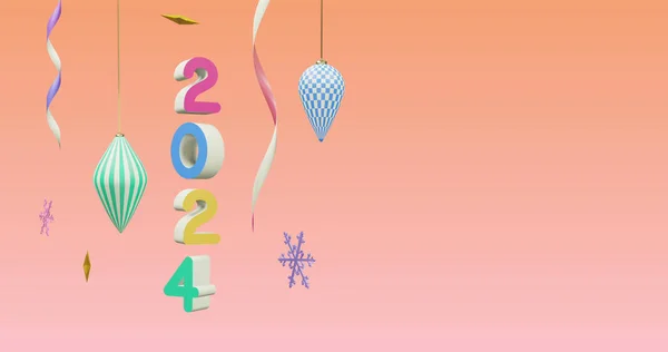 Yeni Yılda 2024 Numara Pembe Arka Planda Noel Süslemeleri Yeni — Stok fotoğraf