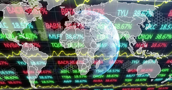 世界地図と地球を背景にした株式市場とデータ処理のイメージ グローバル金融 ビジネス デジタルインターフェイスの概念デジタル生成された画像 — ストック写真