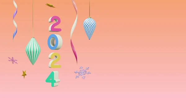 Imagem 2024 Número Sobre Ano Novo Decorações Natal Fundo Rosa — Fotografia de Stock