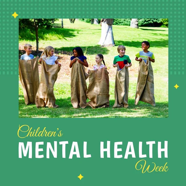 Composition of children\'s mental health week text and children playing in park. Children\'s mental health week, childhood and mental health awareness concept digitally generated image.