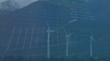 Rüzgar türbinleri üzerinde finansal veri işleme animasyonu. Küresel çevre, sürdürülebilirlik, rüzgar enerjisi, hesaplama, bağlantılar ve veri işleme kavramı dijital olarak oluşturulmuş video.