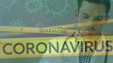 Erkek doktor üzerinde Coperid 19 virüs veri işleme animasyonu. Küresel covid 19 salgın, sağlık, hesaplama, bağlantılar ve veri işleme kavramı dijital olarak oluşturuldu.