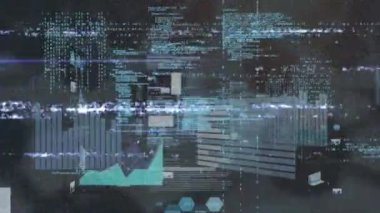 Gri arka planda istatistiksel veri işleme ile ekranların üzerindeki bozulma etkisinin canlandırılması. Bilgisayar arayüzü ve iş teknolojisi kavramı