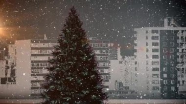 Şehir manzarasına düşen karın animasyonu. Dijital olarak oluşturulan küresel iletişim ve veri işleme kavramı.