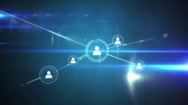 Çizgiler ve merceklerle bağlantılı profil simgelerinin canlandırılması soyut arkaplan üzerinde parlar. Dijital olarak üretilmiş, hologram, illüstrasyon, aydınlanma, iletişim, sosyal medya ve teknoloji kavramı.