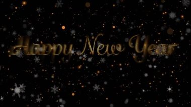 Yeni yıl mesajları ve siyah arka planda ışık noktaları üzerine yağan karların animasyonu. Noel, gelenek ve kutlama konsepti dijital olarak oluşturuldu.