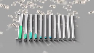 Gri arka planda yüzen Amerikan dolarları üzerinde istatistiksel veri işleme animasyonu. Küresel ekonomi ve iş veri teknolojisi kavramı