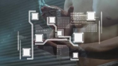 DNA ipliği üzerinde bilgisayar devre kartı animasyonu ve siyah arka planda beyaz adam. Küresel teknoloji, bilgisayar ve dijital arayüz kavramı dijital olarak oluşturulmuş video.