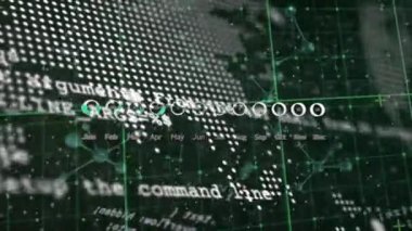 Moleküller üzerinde finansal veri işleme animasyonu ve siyah arka planda dünya haritası. Küresel teknoloji, bilgisayar ve dijital arayüz kavramı dijital olarak oluşturulmuş video.