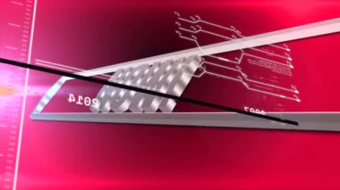 Kırmızı arkaplanda veri işleme animasyonu. Küresel iş, teknoloji ve dijital arayüz kavramı dijital olarak oluşturulmuş video.